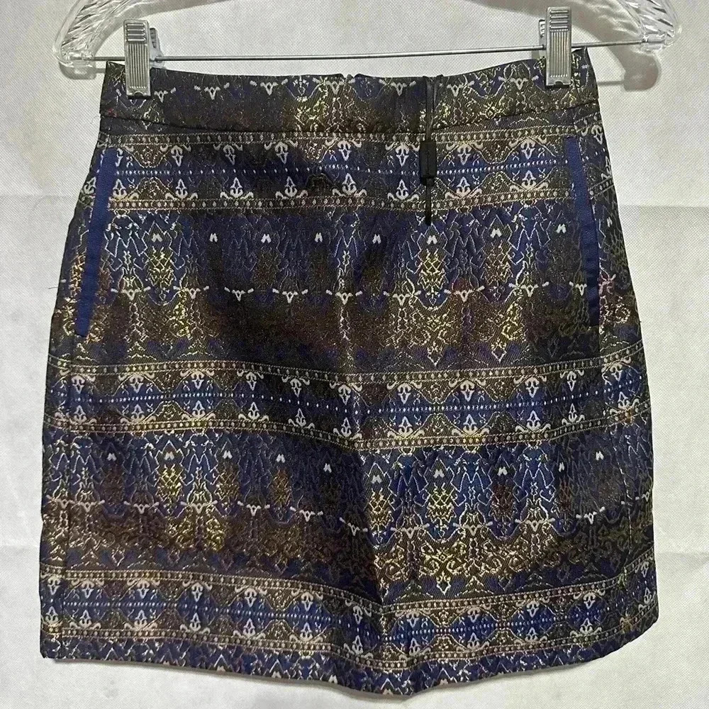 Massimo Dutti Mini Skirt Navy Blue Bronze Gold Metallic Jacquard Size 6 NWOT